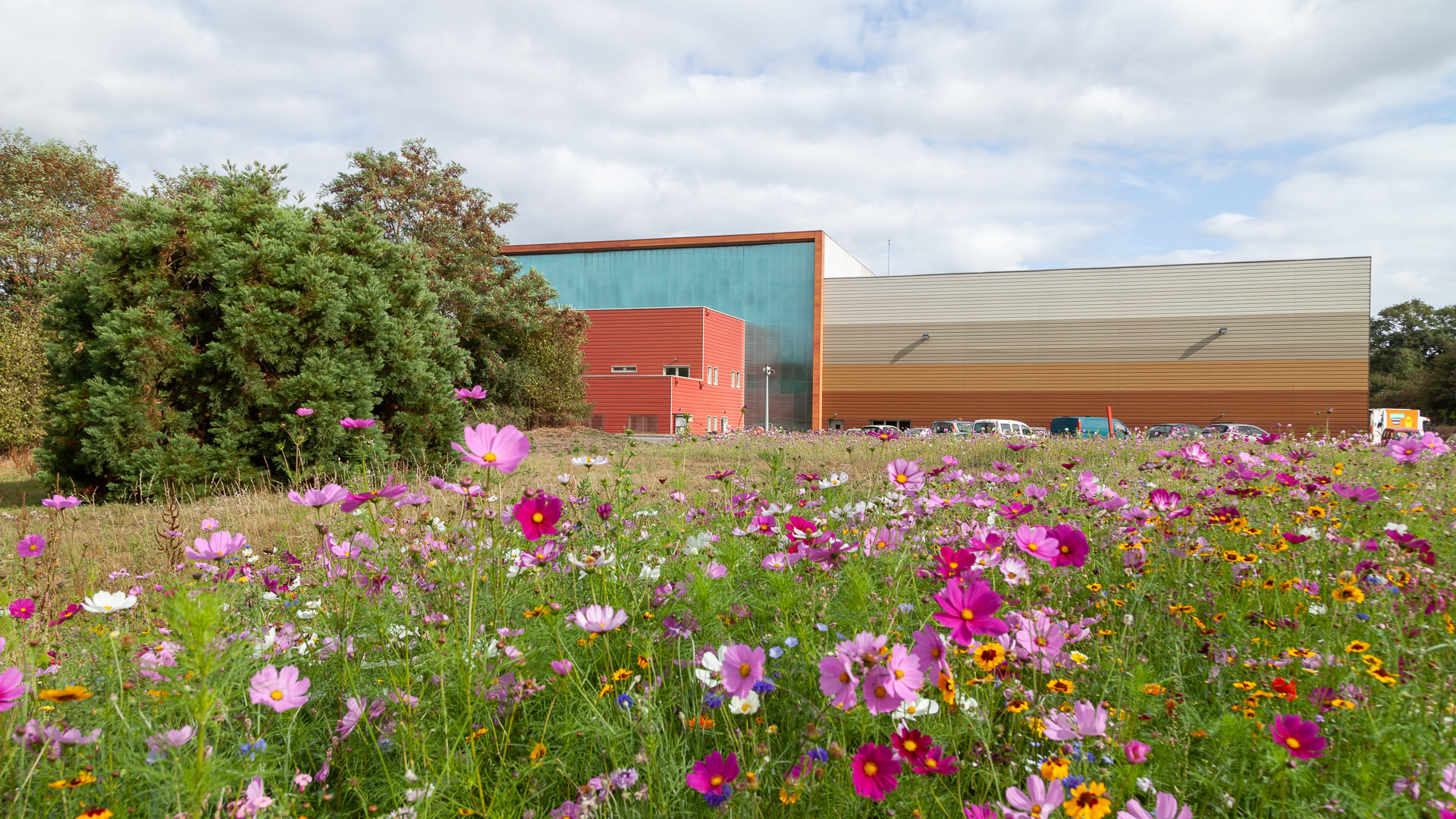 Flower-filled industrial site exterior © Séché Environnement.