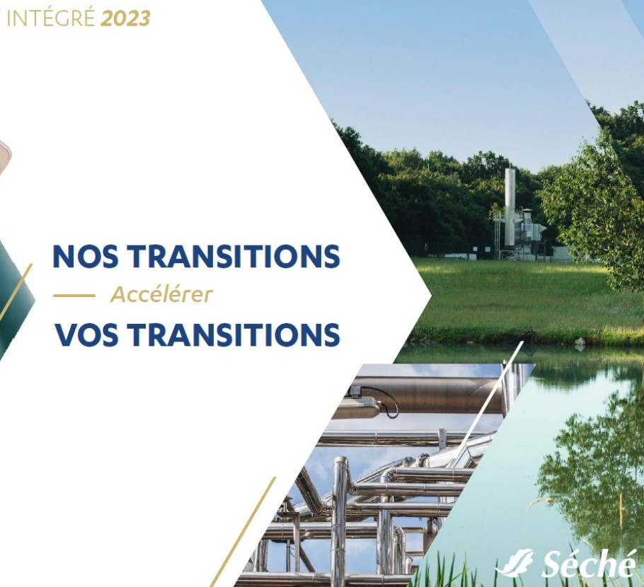 Portada del informe integrado 2023 de Séché Environnement. Título : Acelerar nuestras / sus transiciones.