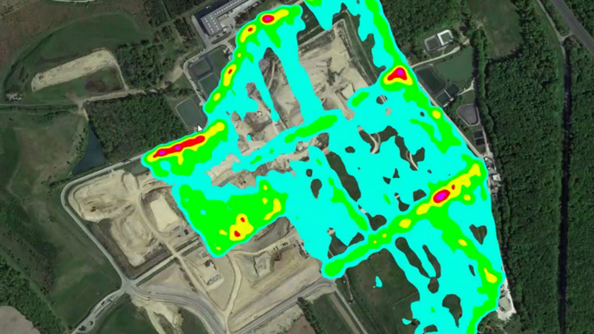 Carte de chaleur permettant de visualiser par des couleurs les concentrations de méthane sur une installation de stockage de déchets non dangereux.