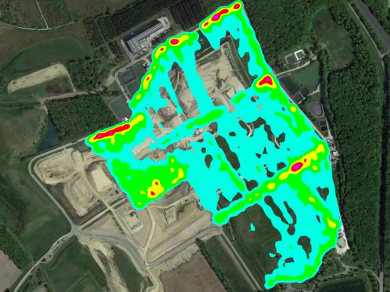 Carte de chaleur permettant de visualiser par des couleurs les concentrations de méthane sur une installation de stockage de déchets non dangereux.