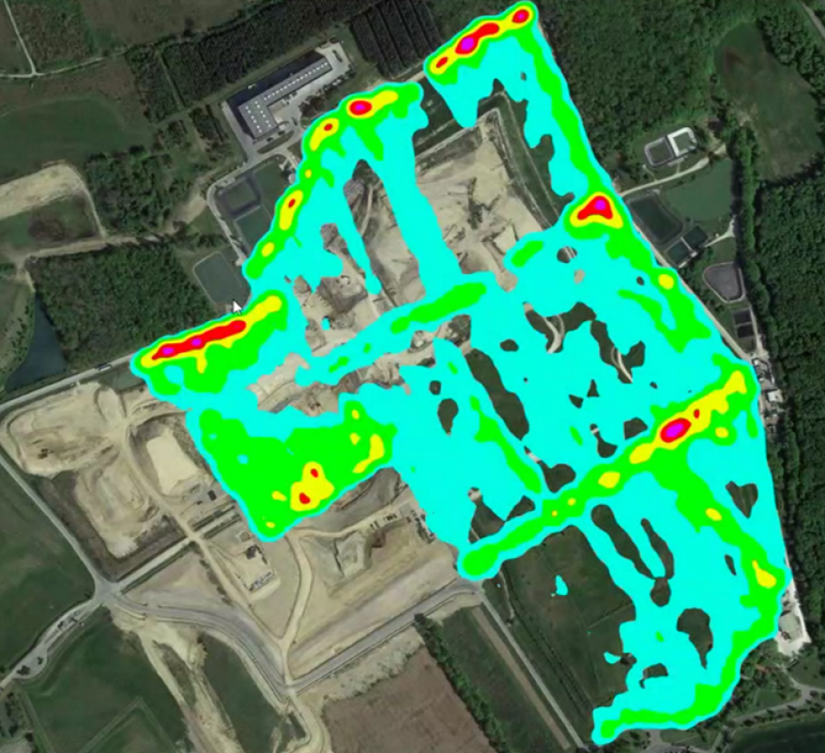 Carte de chaleur permettant de visualiser par des couleurs les concentrations de méthane sur une installation de stockage de déchets non dangereux.